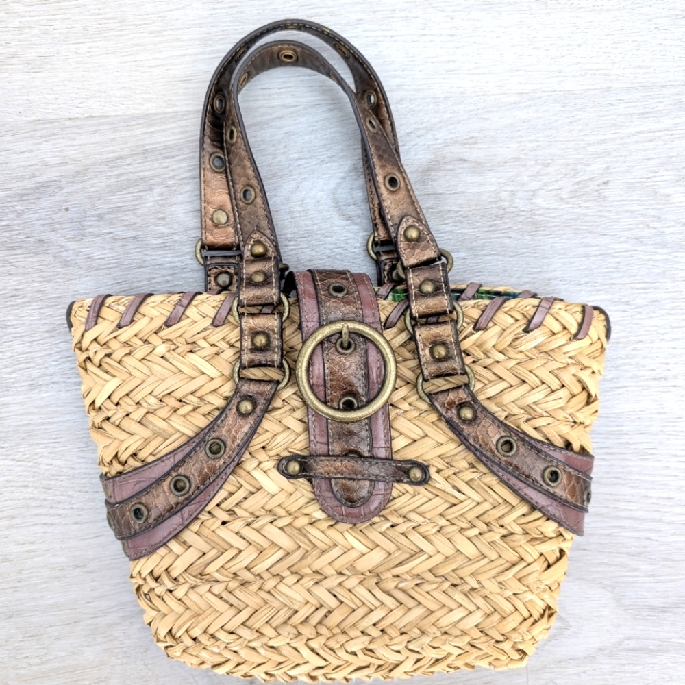 Nine West Mini Straw Picnic Bag With Brown Studded Accents And Buckle Closure
